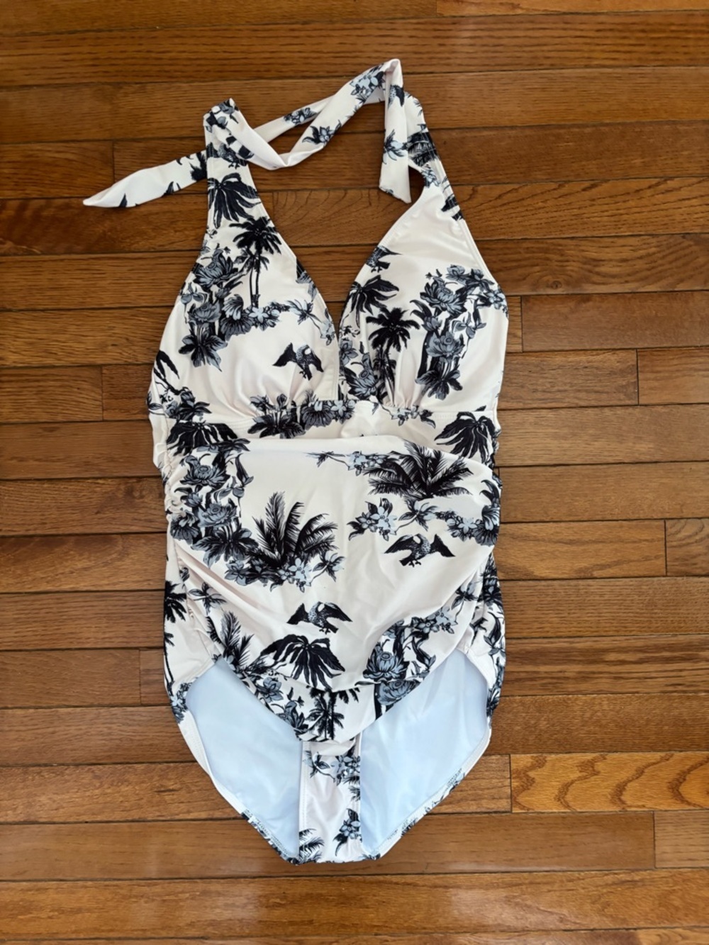 Cream & Blue Tropical Palm Print Halter One-Piece Swimsuit, Size XL, NWOT - Picture 2 of 5